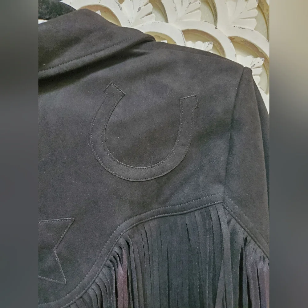 NWT Unique Vintage Black Faux Suede Tassle Fringe Cropped Jacket 1X / 16 - Picture 12 of 16
